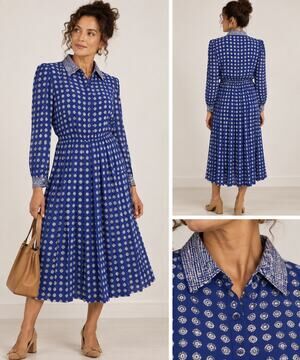 Vintage 80s Schrader Petite Blue White Geometric Shirt Dress S
 Midi Secretary